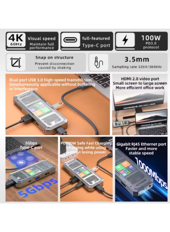 PIVA G71 7 in 1 Aluminum Alloy Office Docking Station Smart Screen Display Type-C to HDMI2.0 USB3.0 HUB PD100W Adapter - Image 3